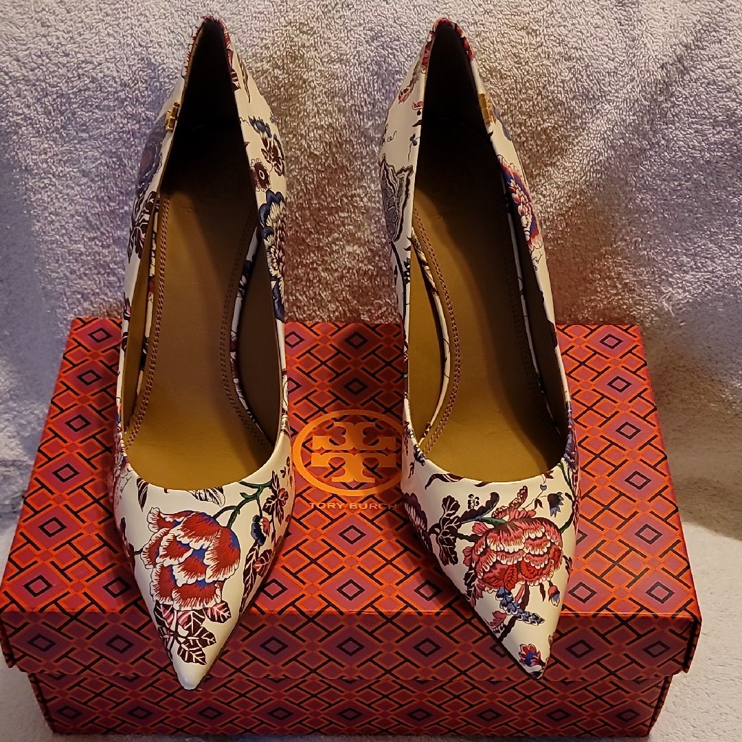 Tory Burch Floral Print Heels In Cream And Red